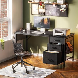 Casaottima 48" Small Computer Home Office Desk for Bedroom with Fabric Drawers & File Cabinet, Cloth Storage Bag and Hook, Writing Study Work Table for Small Space, Black