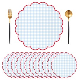 Plaid Scalloped Paper Placemats 60 Sheets Disposable Place Mats Blue Red Checker Gingham Wavy Round Table Mats for Party Supplies Table Decor, 13 x 13 Inch