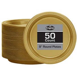 Gold Solid Color Premium Heavy Weight Plastic Dinner Plate (9") 50 Count - Elegant & Durable, Perfect for Parties & Events
