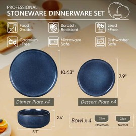 Herogo 12 Pieces Stoneware Dinnerware Dishes Set for 4, Kitchen Dining Plates and Bowls Sets, Double Reactive Glaze, Microwave & Dishwasher Safe, Scratch Resistant, Starry Blue & Cream Khaki