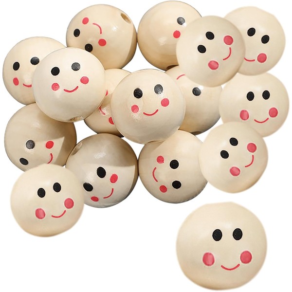 Simsky Pack of 16 Wooden Balls with Large Hole and Face 20 mm Smiling Face Head Wooden Heads Wooden Beads Round Creative Round Beads DIY Craft Beads for Children Jewellery Making Accessories