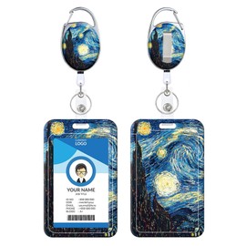 Badge Holder, Retractable Badge Reel with Carabiner Belt Clip and Key Ring, Name Tag Work Badge Clip Vertical ID Card Holder for Name Card (Art Night Painting)
