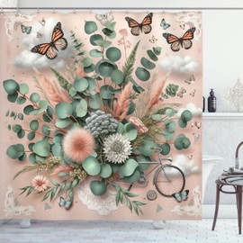 ABAKUHAUS Floral Eucalyptus Shower Curtain, Monarch Butterflies Branches, Boho Wild Abloom on Blush Background, Fabric Fabric with Hooks, 175 x 200 cm, Pale Pink Laurel Green