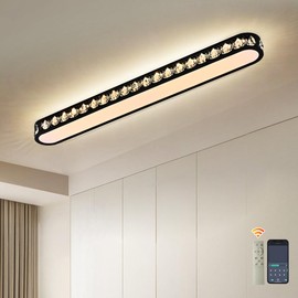 Qcyuui 4FT Kitchen Lighting Fixtures Ceiling Modern Luxury Crystal Ceiling Light Dimmable LED Ceiling Light with Remote Black Long Light Fixture for Kitchen Bedroom Laundry Closet Office,35W