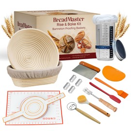 Sourdough Bread Baking Kit Full (15 Piece), Includes 34oz Sourdough Starter Jar, 2 Natural Rattan Proofing Baskets, Pastry Mat, Bread Sling, Dough Whisk, Scrapers, Lame, Perfect Tools for Bakers