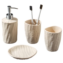 Bathroom Accessories Set, 4 PCS Modern Stone Look Bathroom Accessory Set with Hand Soap Dispenser 11.5 OZ, Tumblers, Toothbrush Holder, Bar Soap Dish Holder Saver (Yellow)