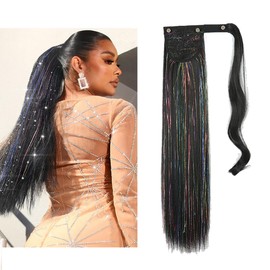 Straight Ponytail Extension with Tinsel, Natural Long Ponytails 22Inch Drawstring Synthetic Fake Hairpiece for Women Girls (1b black, 22inch straight)