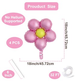 4 Pieces 18 Inches Pink Flower Balloons - Large Foil Mylar Flower Balloons for Birthday Decorations, Baby Shower, Wedding, Groovy Boho Party Supplies