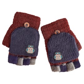 Cxryrzhe Kids Winter Gloves 5-14 Yrs for Boys Girls,Convertible Flip Top Gloves Cartoon Dark Red Robot Thermal Knitted Gloves Knit Fingerless Gloves Warm Stretchy Mitten Cover