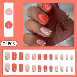 WAFOLOZE Press on Nails Medium Square Fake Nails Orange False Nails with Striped Multi -Color Rainbow Press ons Designs Acrylic Nails Press on Artificial Nails Stick on Nails for Women 24Pcs