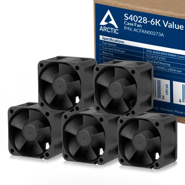 ARCTIC S4028-6K (5 Pack) - 40x40x28 mm fan, 250-6000 RPM, PWM regulated, 4-pin connector, 12 V DC - Black