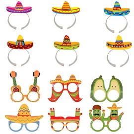 Vokowin 6pcs Sombrero Party Hats and 6 Pieces Party Glasses Mask, Sombrero Headband Mexican headband Paper Fancy Party Photo Props Supplies Mexican Theme Decorations (random color) (K285-12)