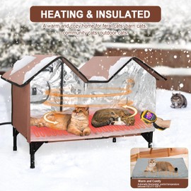 Heated Outdoor Cat House Weatherproof for Winter - Extra Large Heated Cat House for Outside, Elevated Bed, Escape Door, Fully Insulated Feral Cat Shelter for Multiple Cats Small Dogs, Easy Assembly