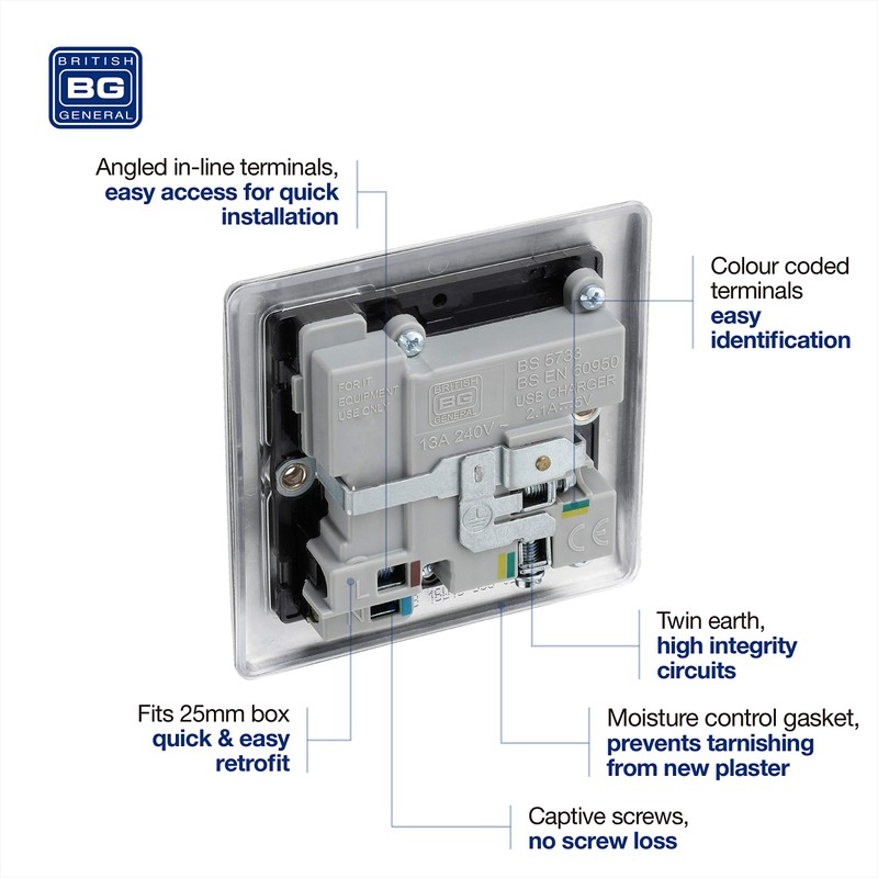 BG Electrical Single Switched Fast Charging Power Socket with Two