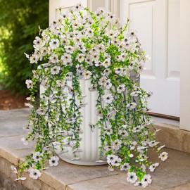 Evoio Artificial Hanging Flowers for Outdoors, 2 PCS Faux Silk Daisy Outdoor Flowers UV Resistant Fake Hanging Plant for Outside Planter Porch Patio Yard Garden Wedding Home Decorations (White)