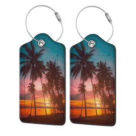 Tropical Summer Sunset Palm Tree 2 Pack Luggage Tags, Unique Leather Suitcase Tags Identifiers with Privacy Name Address Labels & Durable Steel Loop