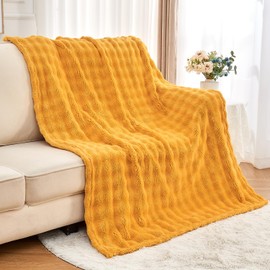 Wajade Fleece Throw Blanket Bubble Faux Fur Fluffy Bed Blanket Super Cosy Warm Large Blanket for Bed Sofa Car, Yellow 127x153CM