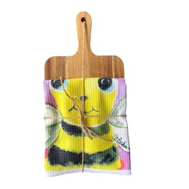 Decorative Kitchen Towel and Acacia Wood Cutting Board Set, Cute Bumble Bee Design,