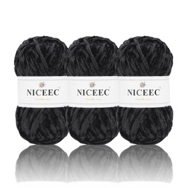 NICEEC 3 Skeins Soft Chenille Yarn Blanket Yarn Velvet Yarn for Knitting Fancy Yarn for Crochet Weaving DIY Craft Total Length 3×85m (3×93yds, 3×50g)_Black …