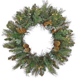 National Tree Company First Traditions Pre-Lit North Conway Christmas Wreath with Pinecones and Frost, Warm White LED Lights, Battery Powered, 30 in
