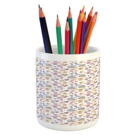 Ambesonne Easter Pencil Pen Holder, Cheerful Pattern with Funny Bunny and Chicken Characters Flowers Butterflies, Ceramic Pencil Holder for Desk Office Accessory, 3.6" X 3.2", Multicolor