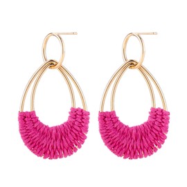 Handmade Raffia Earrings for Women Girls Lightweight Statement Geometric Round Drop Earrings Handmade Straw Wicker Rattan Dangle Earrings Boho Summer Beach Earrings (Rose Red Teardrop)