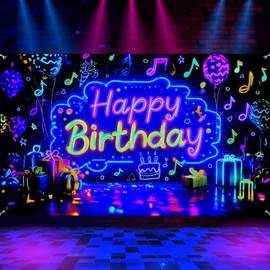 Neon Happy Birthday Party Banner Backdrop, Glow In The Dark Blacklight Birthday Large Banner Party Decorations Supplies, UV Reactive Indoor Outdoor Sign Poster Background Decor 72X44 Inch