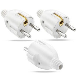 Schuko Plug Pack of 3 Plugs 250 V 10/16 A with Kink Protection, Schuko Plug with Strain Relief, Waterproof Power Plug, Protective Contact Plug