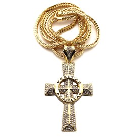 NYFASHION101 Iced Out Veritas Aquitas Cross Pendant with 4mm 36" Franco Chain Necklace, Gold-Tone