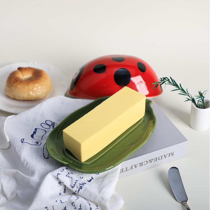 Colias Wing Green Leaf Shaped Ceramic Butter Dish with Ladybug