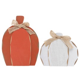 Rustic Wood Pumpkins - Fall Harvest Decor 2 Piece Set - Tabletop Windowsill Signs By Charmed By Dragons (Orange & White Pumpkins)