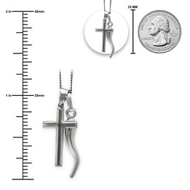 Italian Horn Charm w/Cross - 925 Sterling Silver - Cornicello Pendant - Religious Cross Pendant - 3D Double Sided Pendants - Silver Chain