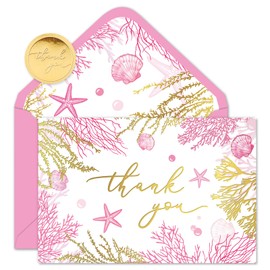 Whaline 24 Pack Ocean Thank You Card Gold Foil Pink Coral Greeting Cards with Envelopes Stickers Blank Note Cards for Coastal Beach Birthday Baby Shower Party Supplies, 4 x 6 Inch