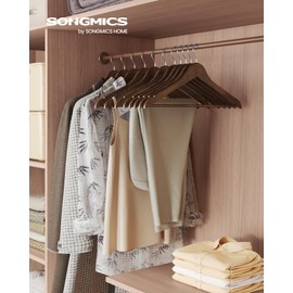 SONGMICS Wooden Hangers, Pack of 30, Coat Hangers, Pants Bar, 360° Swivel Hooks, Solid Birch Wood, Space Saving, for Jackets, Shirts, Coats, Walnut Brown UCRW030K02