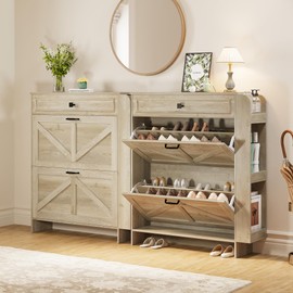 IRONCK Shoe Storage Cabinet with 2 Flip Drawers & Barn Door Design, Freestanding Shoe Cabinet Organizer with Drawer and Shelves for Entryway, Farmhouse Shoe Rack Cabinet,Rustic Maple