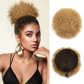 Boymia Afro Puff Ponytail For Black Women #27 Light Blonde 6 Inch 100% Human Hair Retro Kinky Curly Ponytail Wig Clip in Bun Hair Piece for Black Women Soft Shiny Bouncy Clean and Healthy
