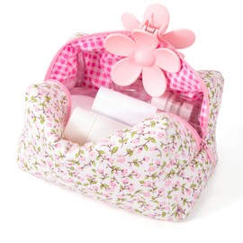 Heveer Floral Quilted Cosmetic Bag Makeup Brush Beauty Tool Bag, pink, Flower