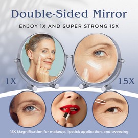 Small 15X Magnifying Tabletop Mirror for Makeup - Double Sided 15x and 1x Portable Make Up Mirror for Desk, Dressing Table and Retail Store - 6" Wide & 6.7" Tall (Chrome)