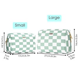 Large Vegan Leather Makeup Bag Zipper Pouch Travel Cosmetic Organizer for Women (Large,Mint Green Checkerboard)