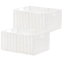 Vagusicc Wicker Storage Basket, Set of 2 Hand-Woven Paper Rope Wicker Basket, Small Storage Baskets for Organizing Toilet Paper Basket, Foldable Large Cube Storage Organizer Bins for Shelves (White)