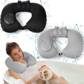 Colingmill 2 Pcs Inflatable Bath Pillows for Tub Bath Head and Neck U Shaped Blow up Full Body Travel Pillow with Adjustable Button Grey and Black Bath Tub Pillows for Airplanes Shower Spa