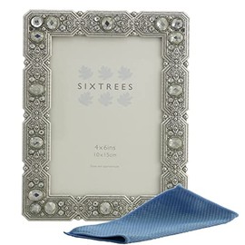Sixtrees Maud Antique Vintage and Shabby Chic Style silver metal photo frame with beads and crystals for a 6" x 4" (152 x 102mm) picture -Complete with Microfibre polishing cloth