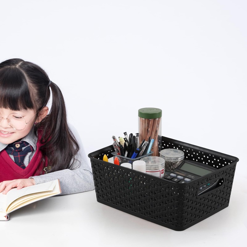 Gainhope 4-Pack Plastic Woven Storage Baskets, Black Pantry Storage Basket