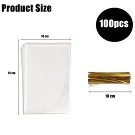 100 Pack Of Cellophane Bags(10x15cm),Cellophane Treat Bags,Clear Cellophane Gift Bags, Cellophane Clear Candy Bags,with 100 Gold Twist Ties for Graduation Birthday Weddings Party