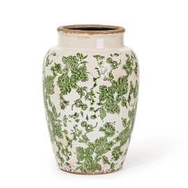 Sungmor Ceramic Flower Vase, Vintage Ice Cracked Glaze Porcelain Vase, Pretty Home Decor Vase for Flower Arrangement, Fresh Flowers, 10.2 Inch Tall Chinoiserie Pottery Vase, Green Floral Pattern