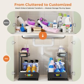 Delamu 2 Pack Metal Bathroom Organizers and Storage, 2 Tier Pull Out Under Sink Organizer for Kitchen Bathroom, Adjustable Under Sink Shelf for Multipurpose Cabinet Organizer, Black