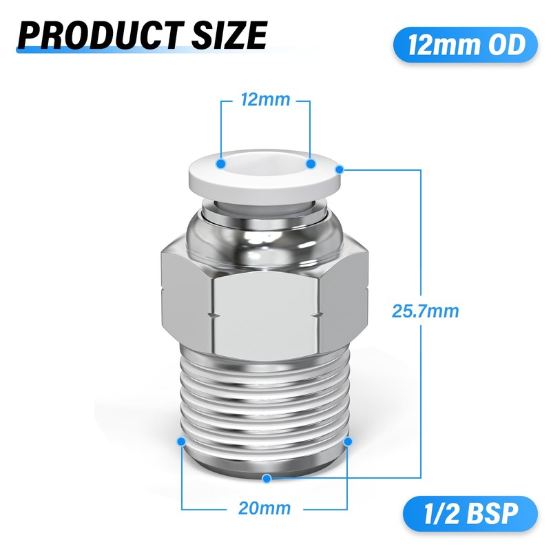 TAILONZ PNEUMATIC White Straight Male Thread 12mm OD x 1/2