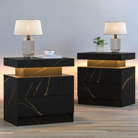 Cubehom LED Nightstands Set of 2, Modern End Table with 2 Drawers, End Tables for Living Room Bedroom Black