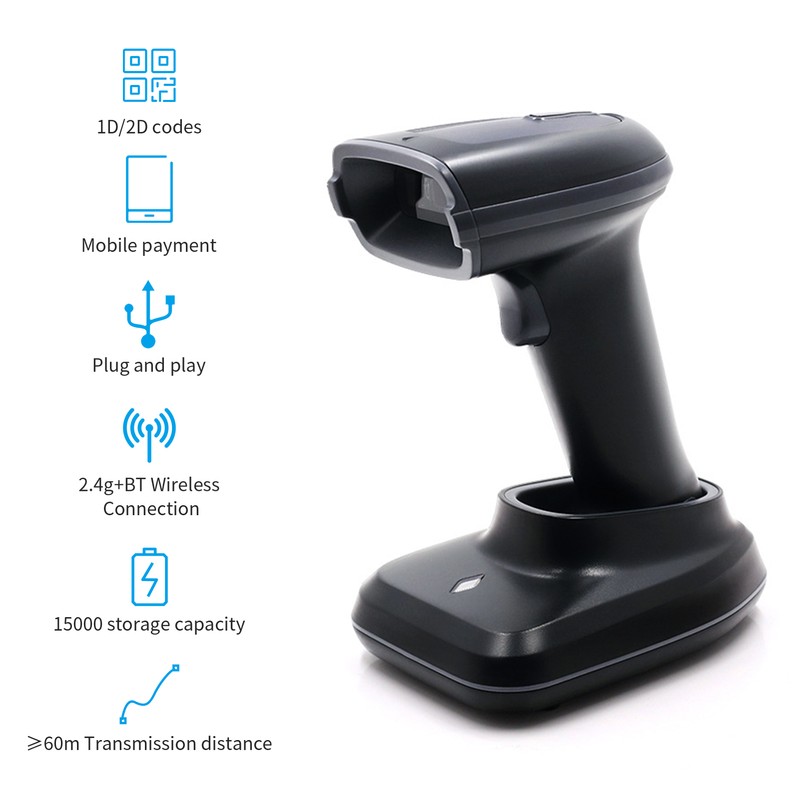 Handheld 1D/2D/QR Barcode Scanner Wireless BT & 2.4G USB Wired