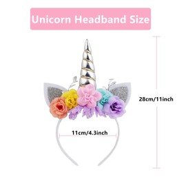 Nishine Unicorn Horn Floral Headband Glitter Ears Pony Head Bands Tiara for Girls Party Birthday Cosplay (Silver&Pink)
